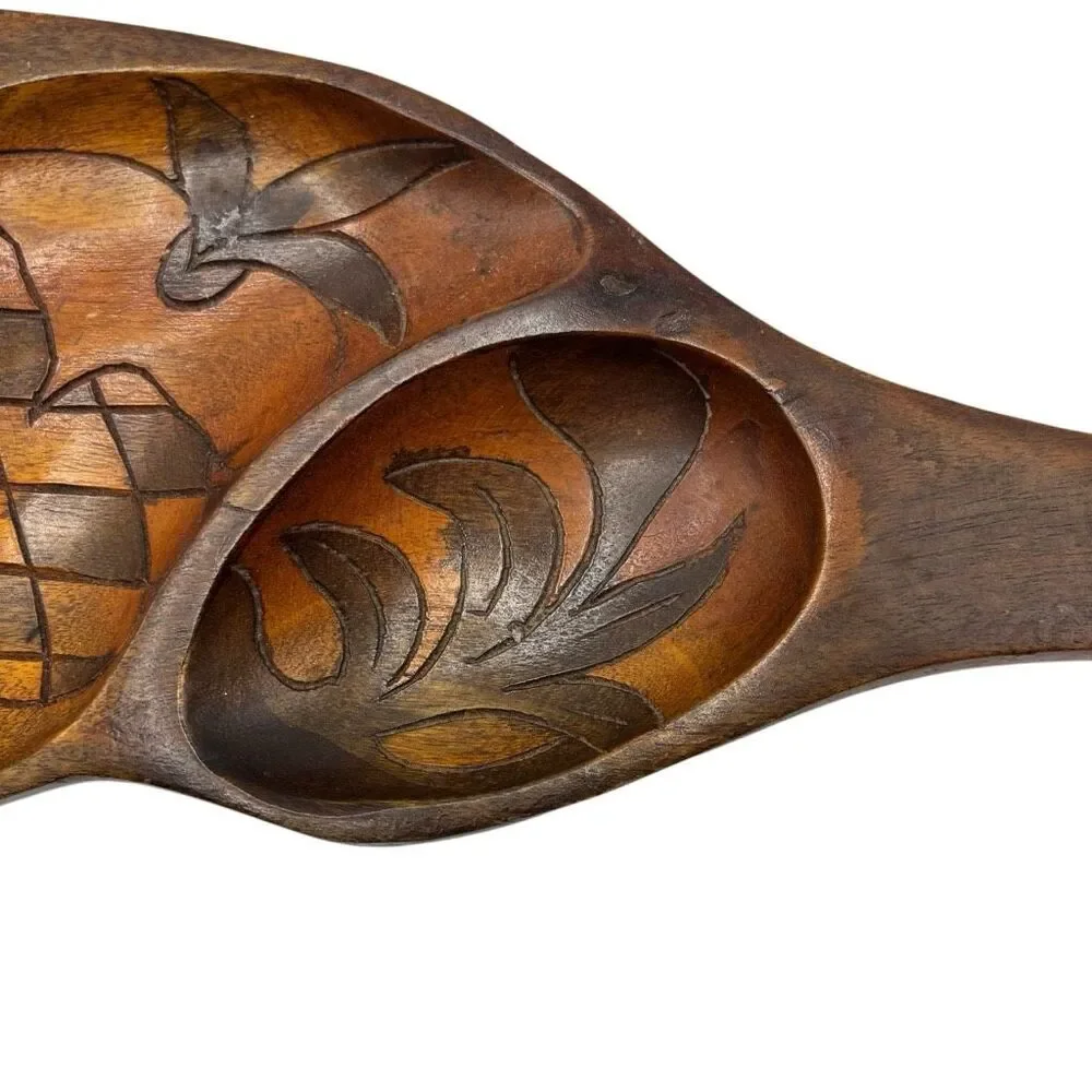 Vintage Monkey Pod Wood Leaf Serving Dish – 3 Section Hand-Carved Pineapple Tray
